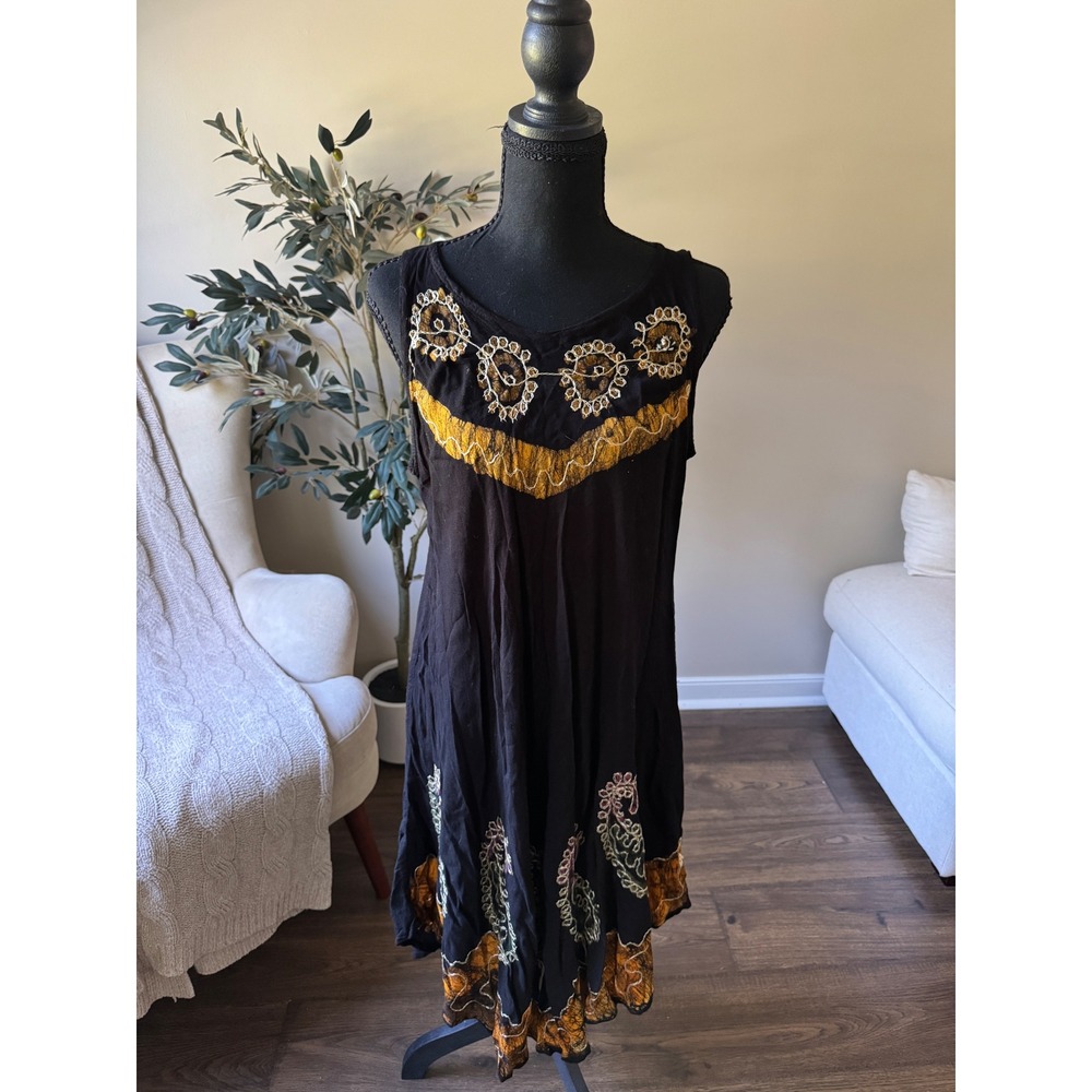 Sante Classics Black Rayon Embroidered Sleeveless Boho Midi Dress One Size India